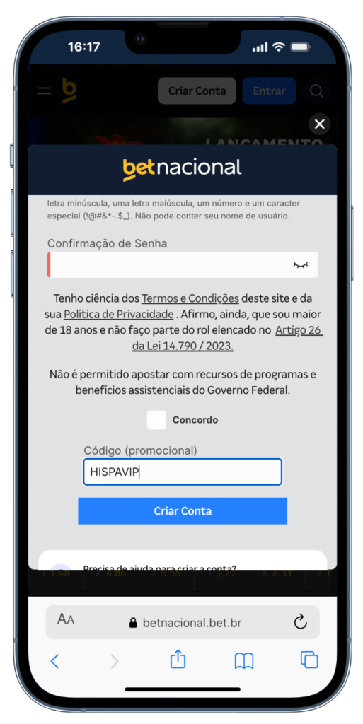 captura de tela ensinando a fazer o cadastro na Betnacional