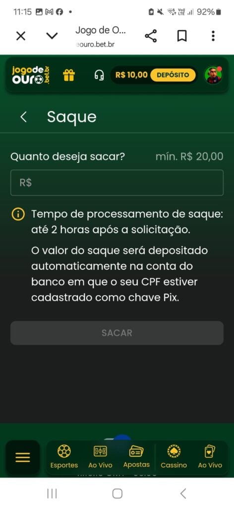 captura de tela saque jogo de ouro