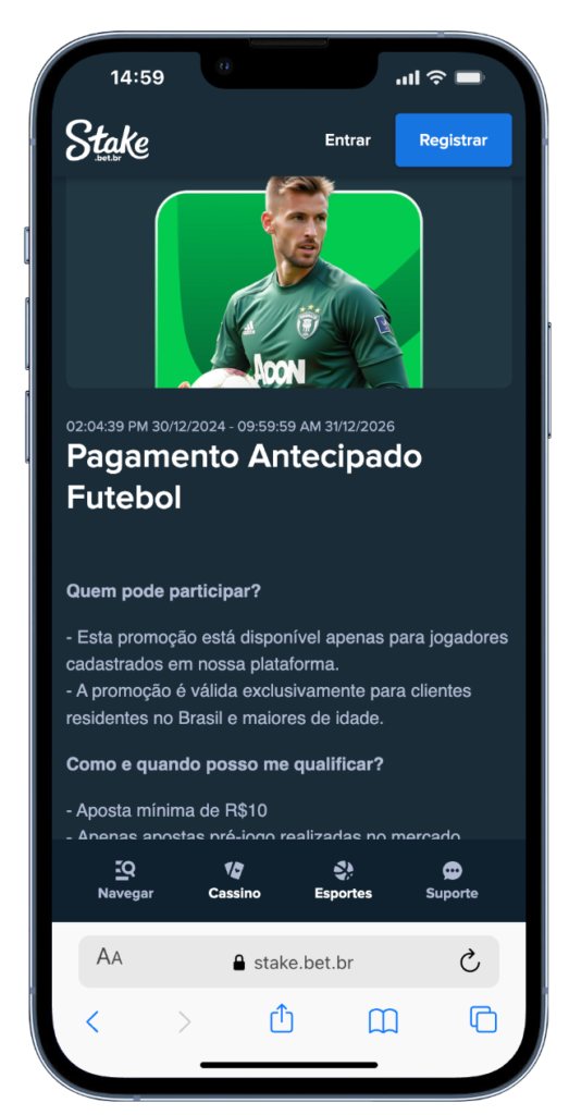 pagamento antecipado Stake - futebol