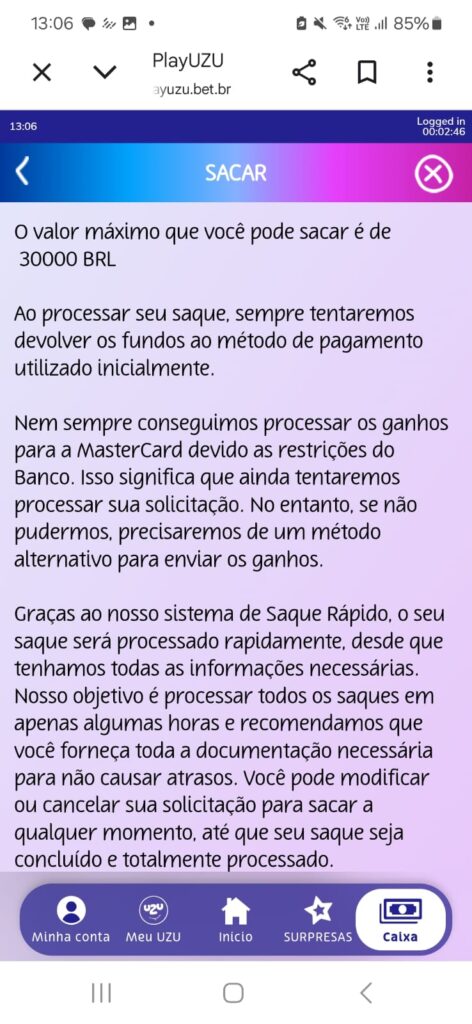 captura de tela do processo de saque na PlayUZU Brasil 