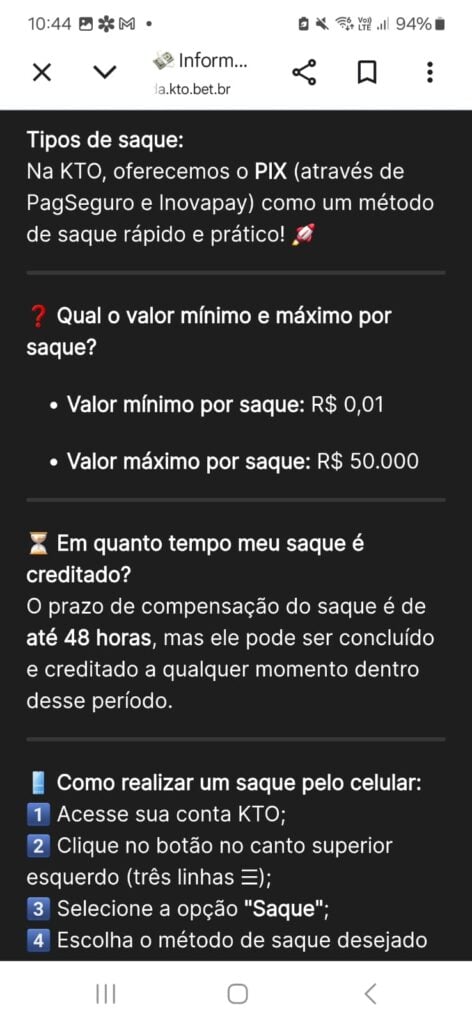 captura de tela do saque na KTO