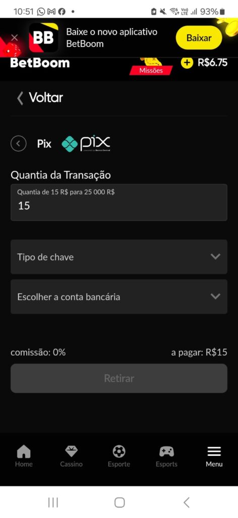 captura de tela do saque via Pix no cassino BetBoom