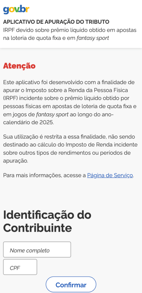 captura de tela do programa da Receita Federal para declarar Imposto das Bets