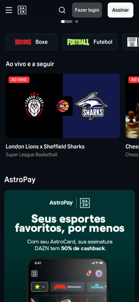 captura de tela do app DAZN para assistir futebol ao vivo