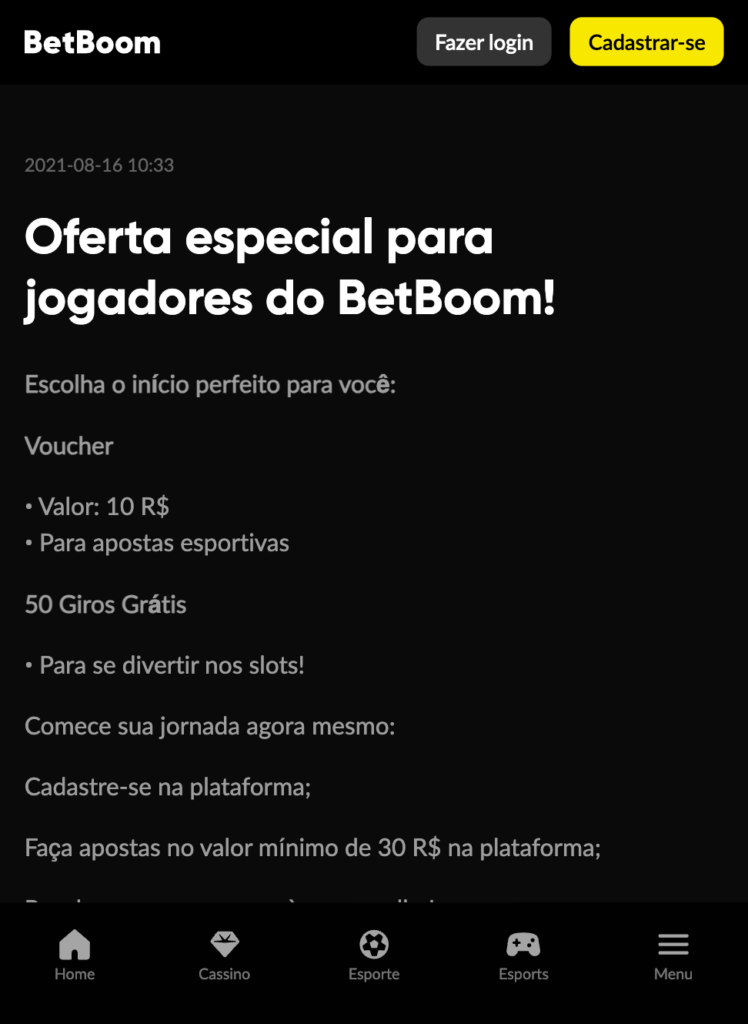 captura de tela do bônus de aposta grátis da BetBoom