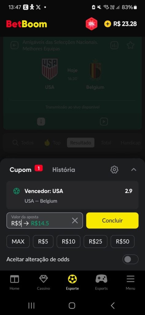 captura de tela de como apostar com o app BetBoom