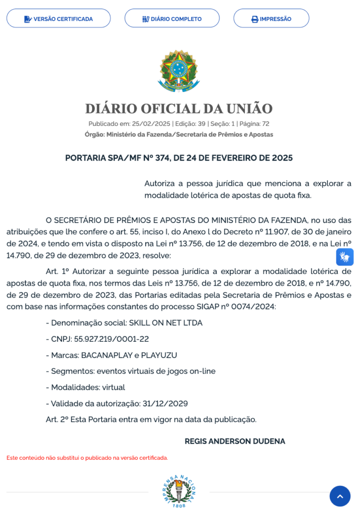 captura de tela da Portaria SPA/MF que autorizou a PlayUZU a atuar no Brasil