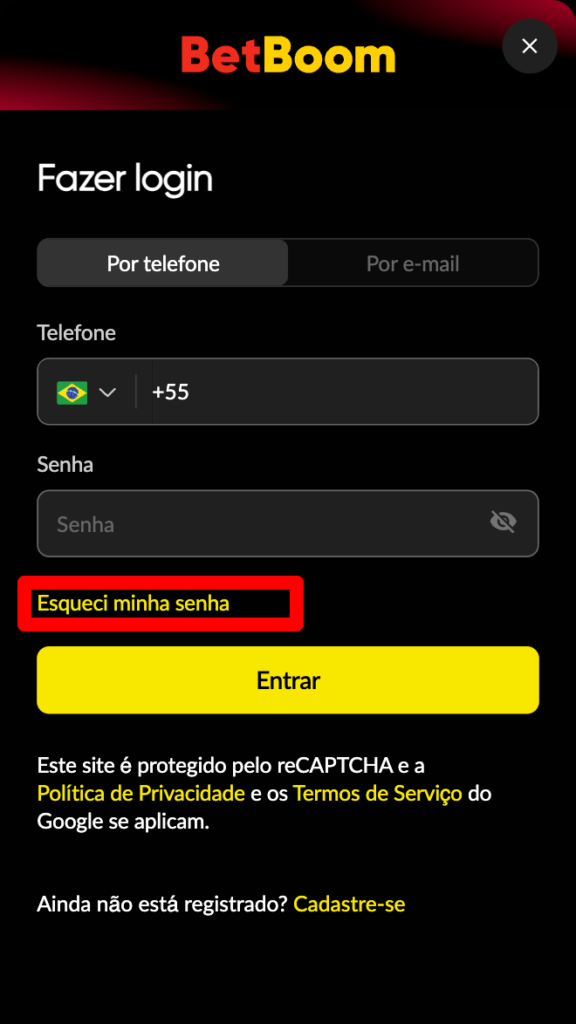 captura de tela de como recuperar conta na BetBoom
