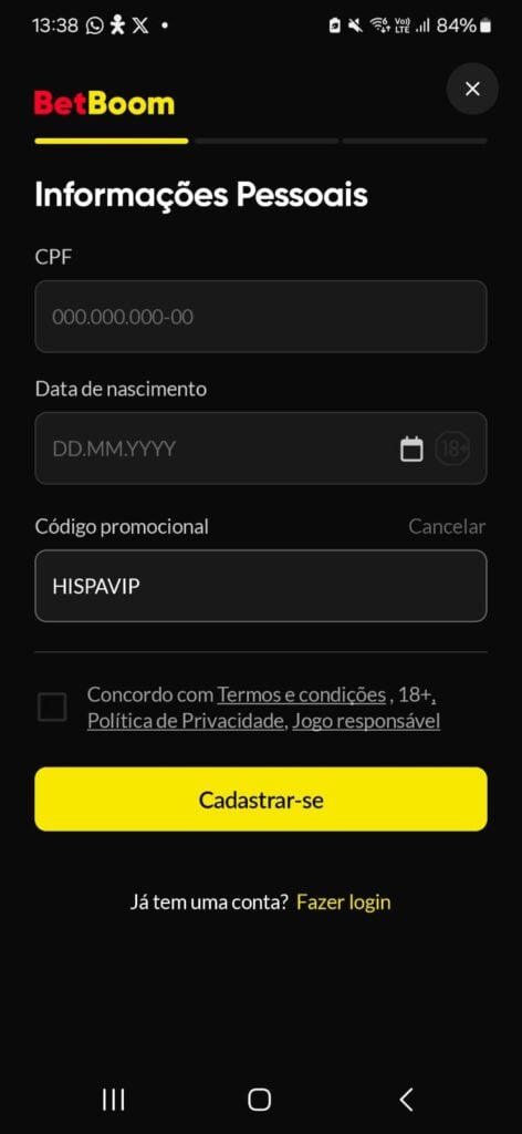 captura de tela da página de cadastro na BetBoom