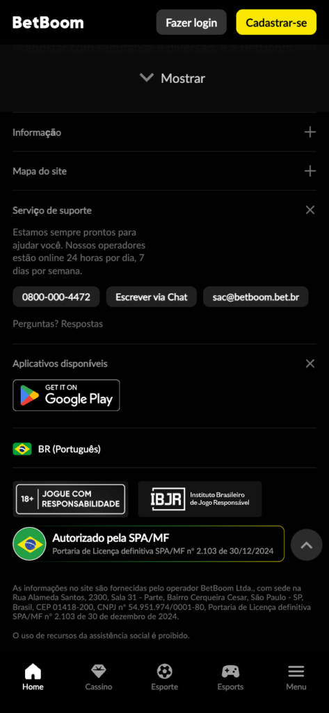 captura de tela mostrando os dados da empresa, comprovando que a Betboom é confiável e legal