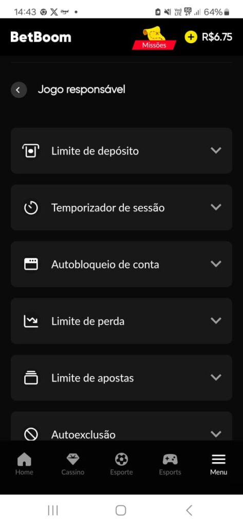 captura de tela das ferramentas de jogo responsável da BetBoom