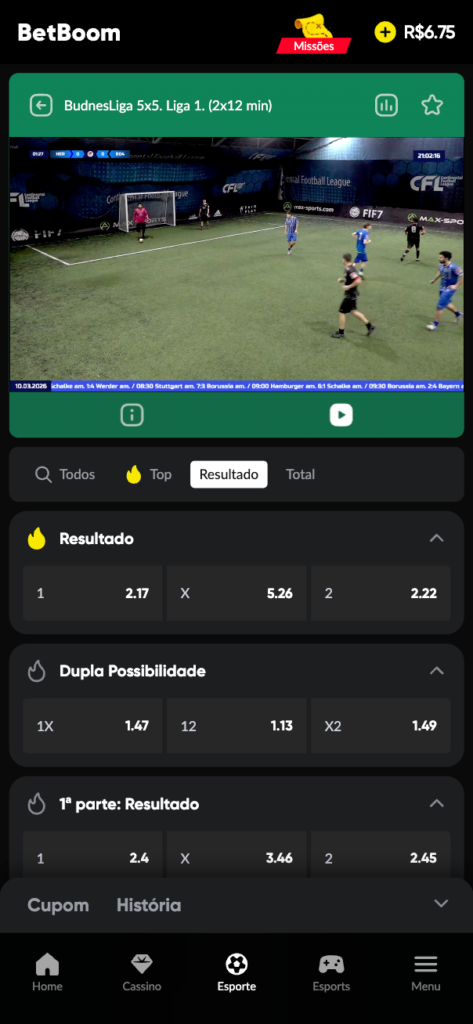 captura de tela da seção de apostas ao vivo da BetBoom