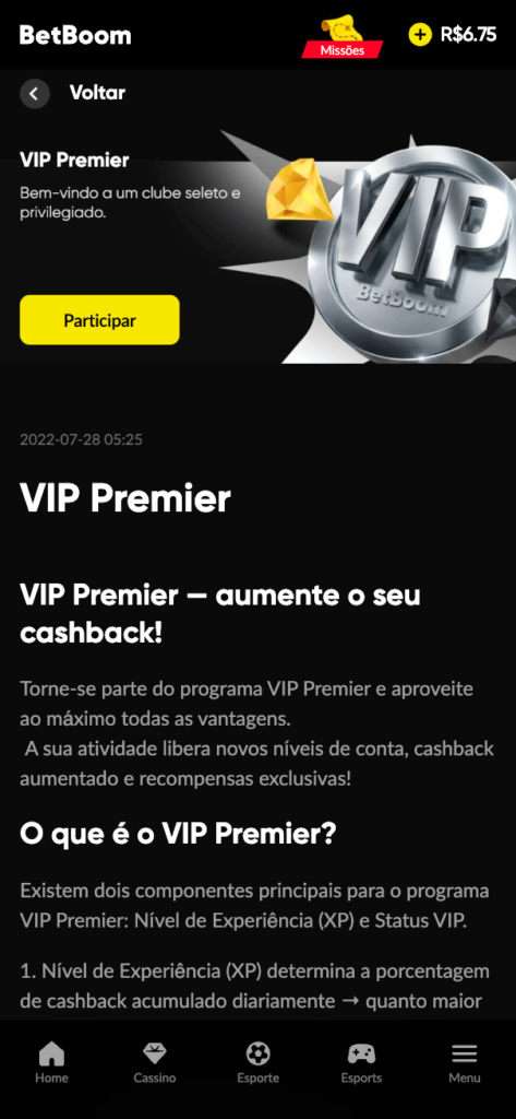 captura de tela do Clube VIP Premier da BetBoom
