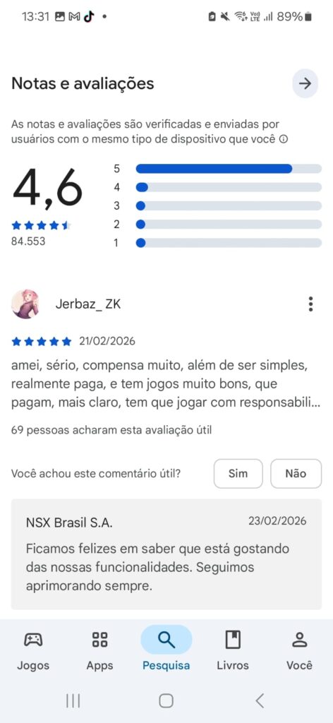 captura de tela das avaliações de usuários do app da Betnacional
