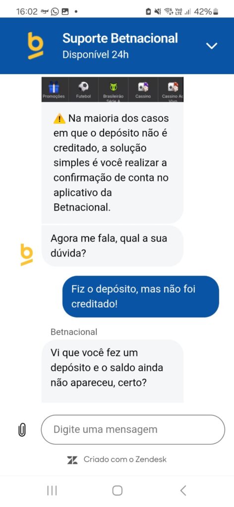 captura de tela do chat com a Betnacional