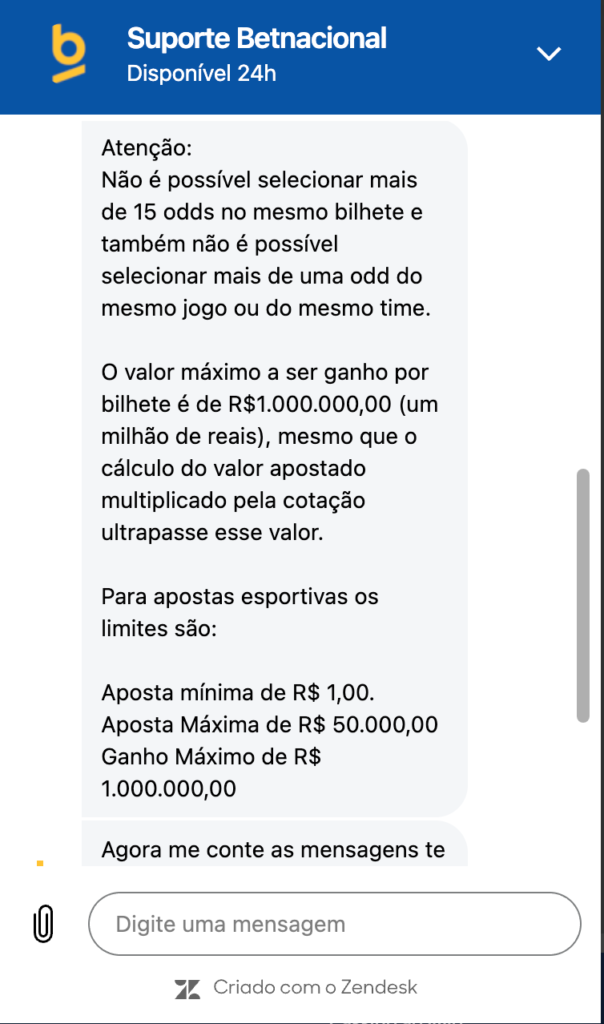 captura de tela do chat ao vivo de suporte da Betnacional