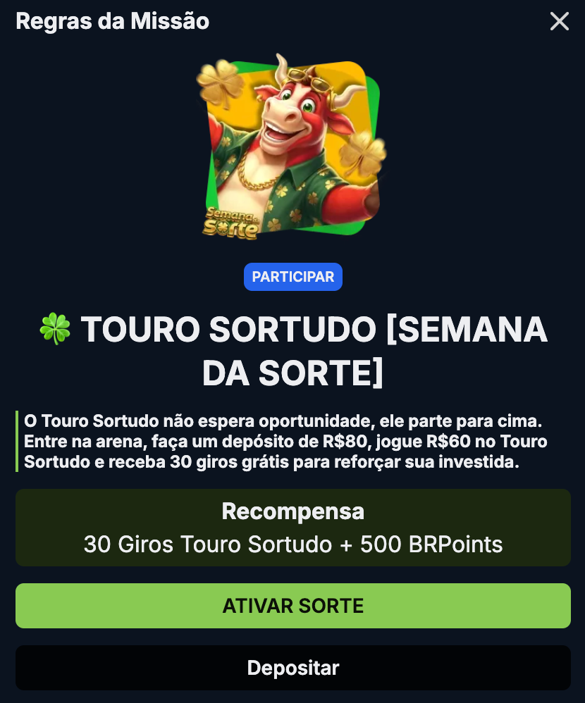 bônus BRBET - missões premiadas