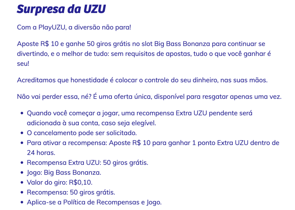 melhor plataforma com bônus sem rollover: PlayUZU