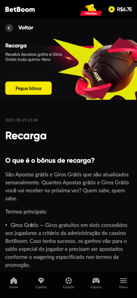 captura de tela do bônus de recarga da BetBoom