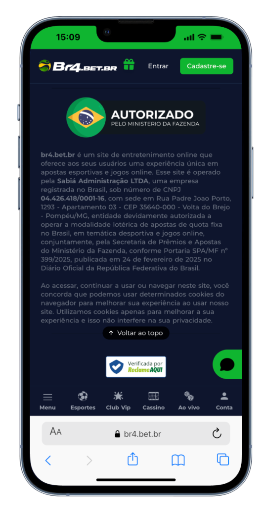 captura de tela com os detalhes sobre a licença e o CNPJ da Br4bet