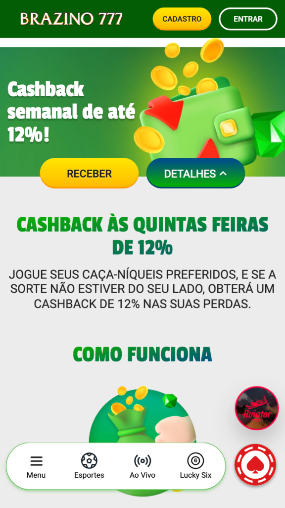 captura de tela do cashback da Brazino777