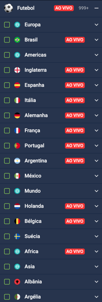 captura de tela das competições de futebol disponíveis na BRBET