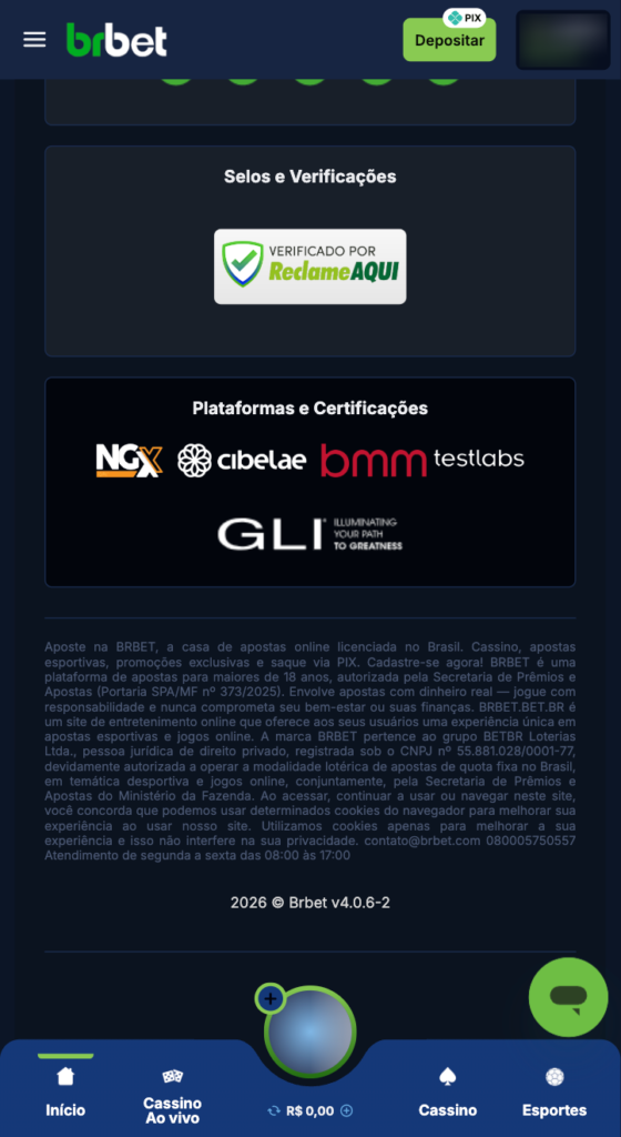 captura de tela com informações sobre a BRBET