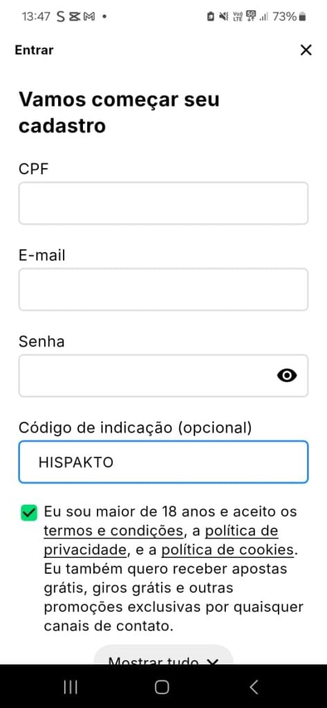captura de tela de como fazer o cadastro no app da KTO