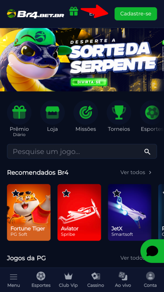 captura de tela do site da Br4bet com indicação de onde fazer o cadastro
