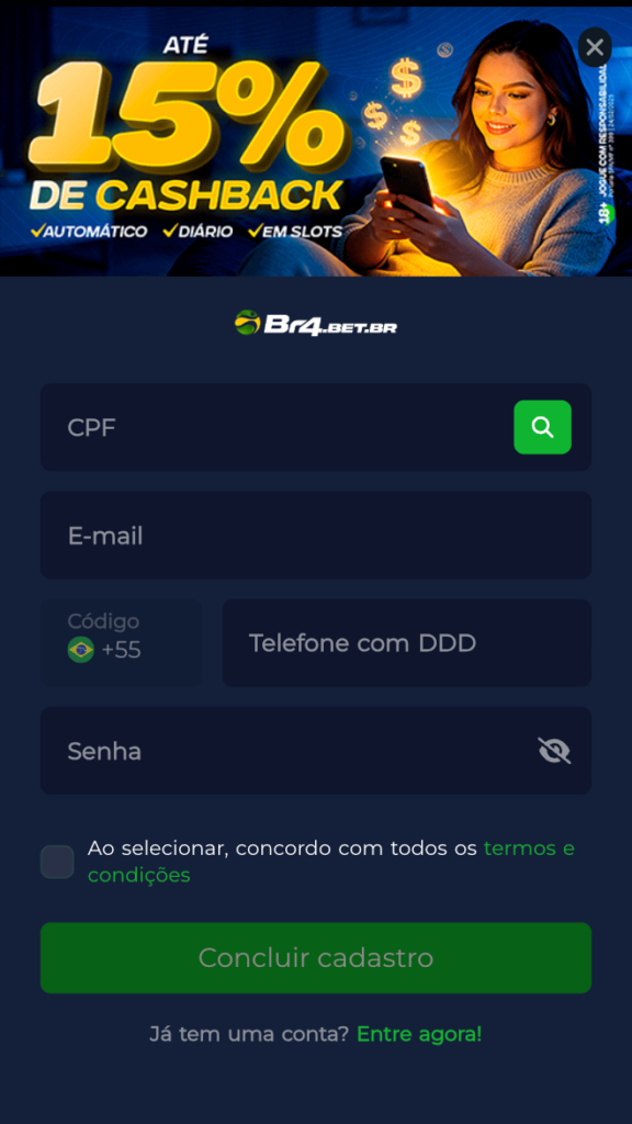 captura de tela do formulário de cadastro na Br4bet