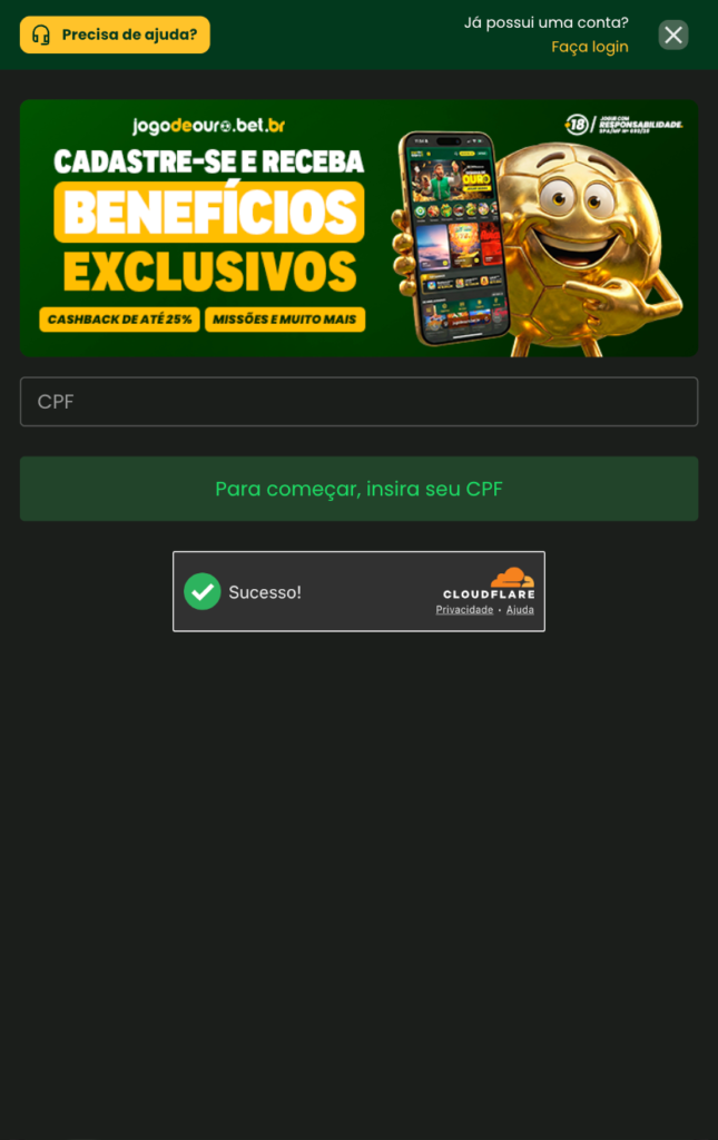 captura de tela do processo de cadastro na Jogo de Ouro