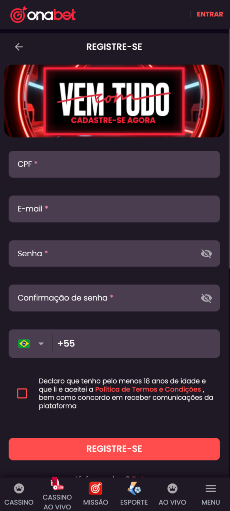 captura de tela de como se cadastrar na Onabet