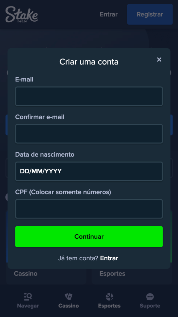 captura de tela do processo de registro na Stake