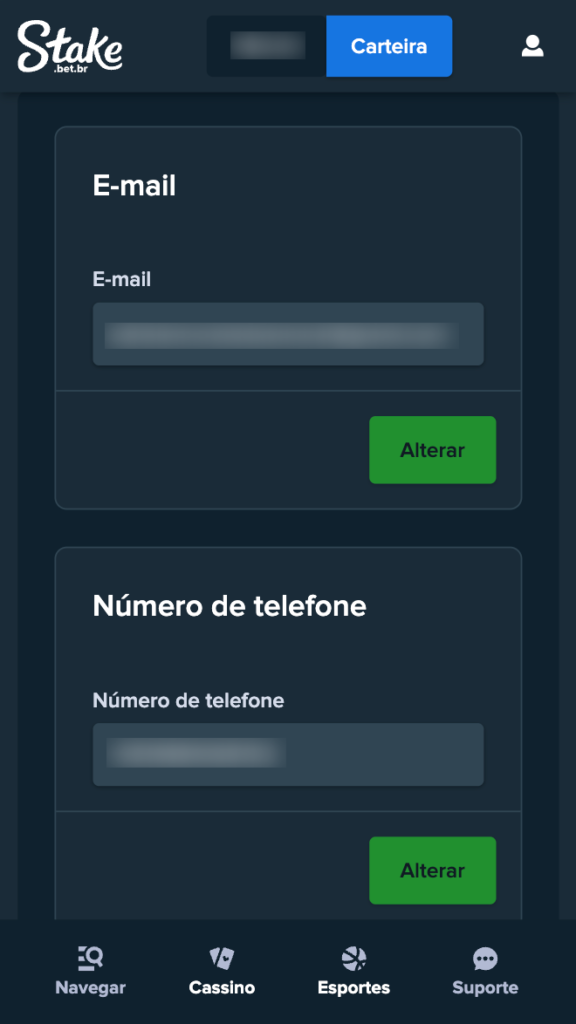 captura de tela de como alterar os dados no cadastro Stake
