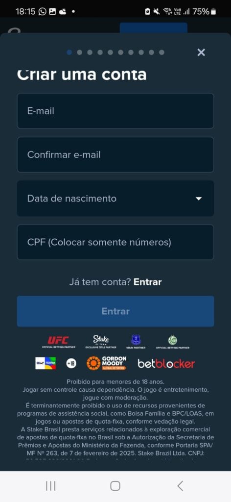 captura de tela de como se cadastrar usando o aplicativo Stake