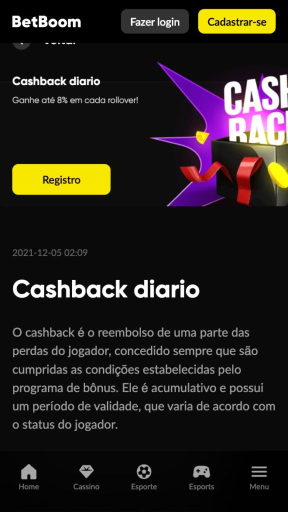 captura de tela do cashback betboom