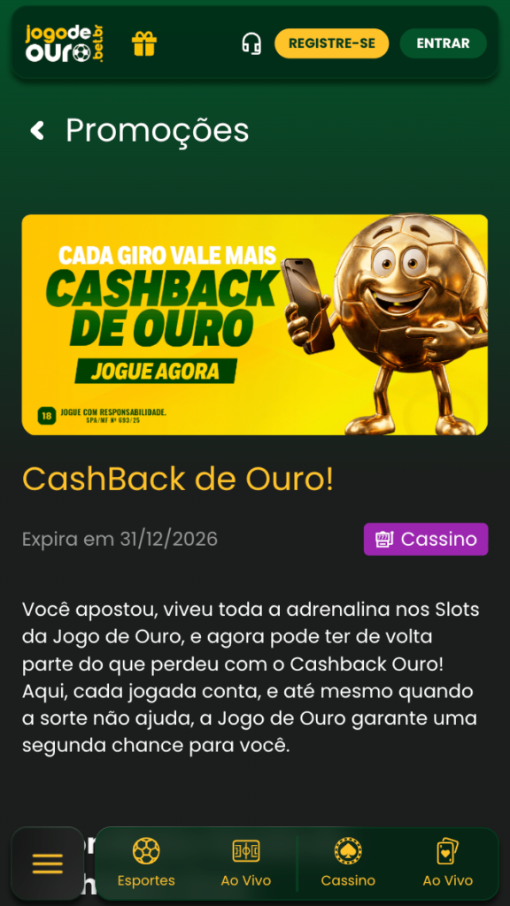 captura de tela do cashback da jogo de ouro