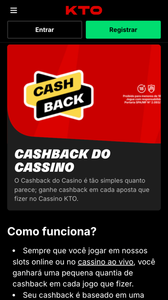 captura de tela do cashback na KTO