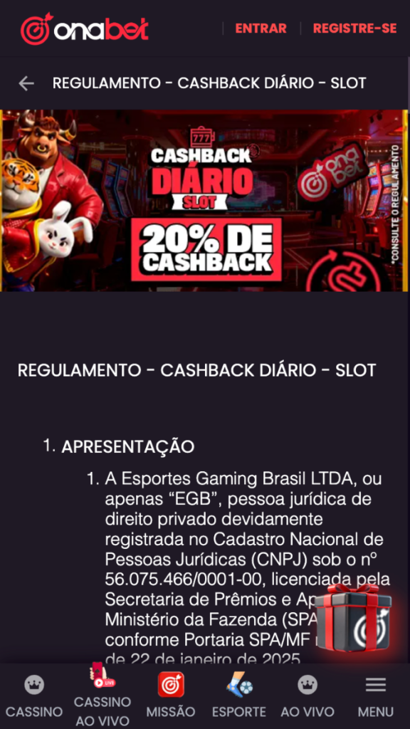 captura de tela do cashback de cassino da Onabet