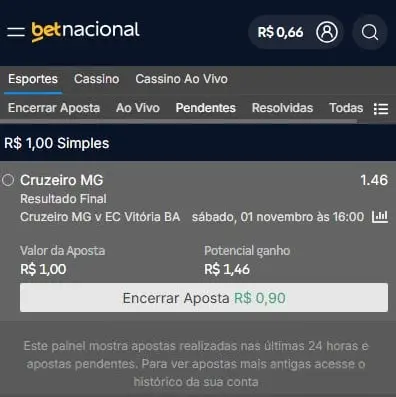 captura de tela do cash out na betnacional