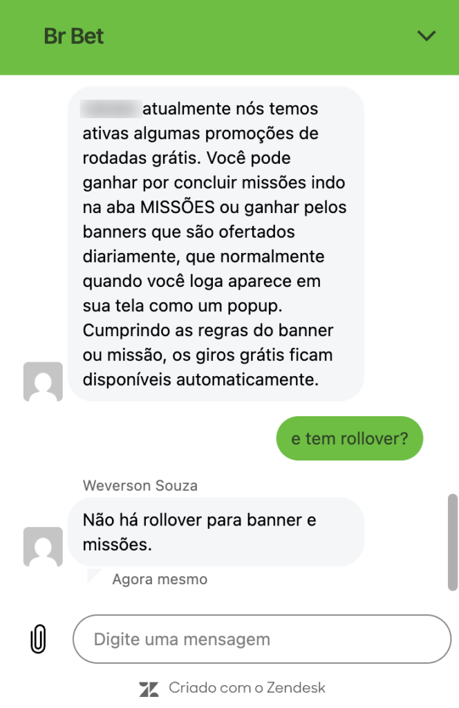 captura de tela do chat ao vivo da BRBET