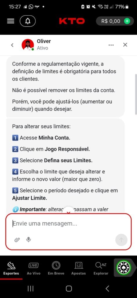 captura de tela do chat ao vivo da kto