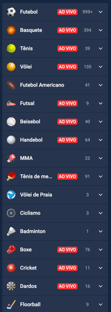 captura de tela da variedade de modalidades esportivas na BRBET