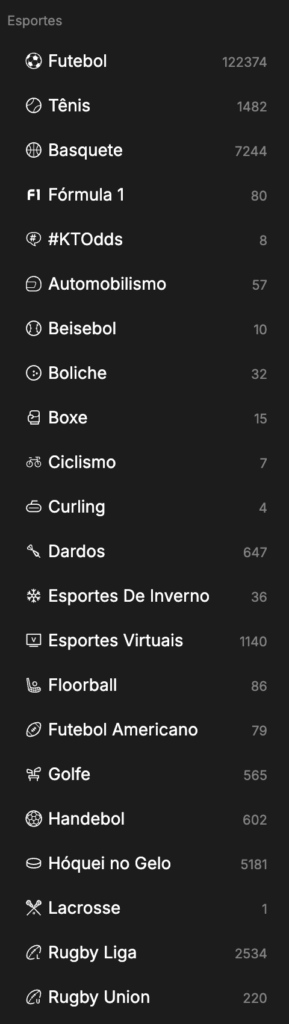 captura de tela da variedade de modalidades esportivas na KTO