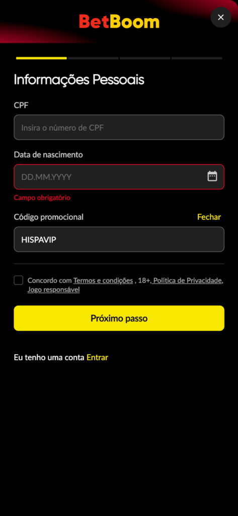 captura de tela do processo de cadastro na BetBoom