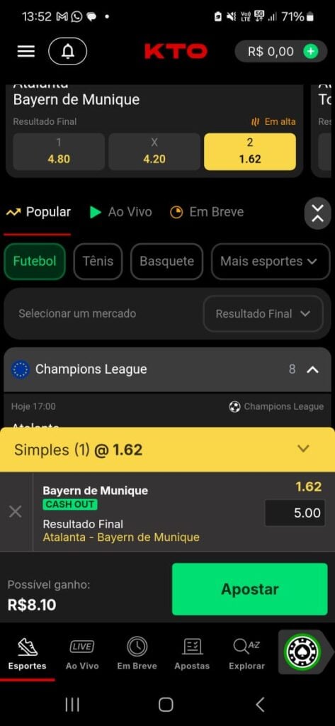 captura de tela mostrando como apostar em jogos de futebol na KTO