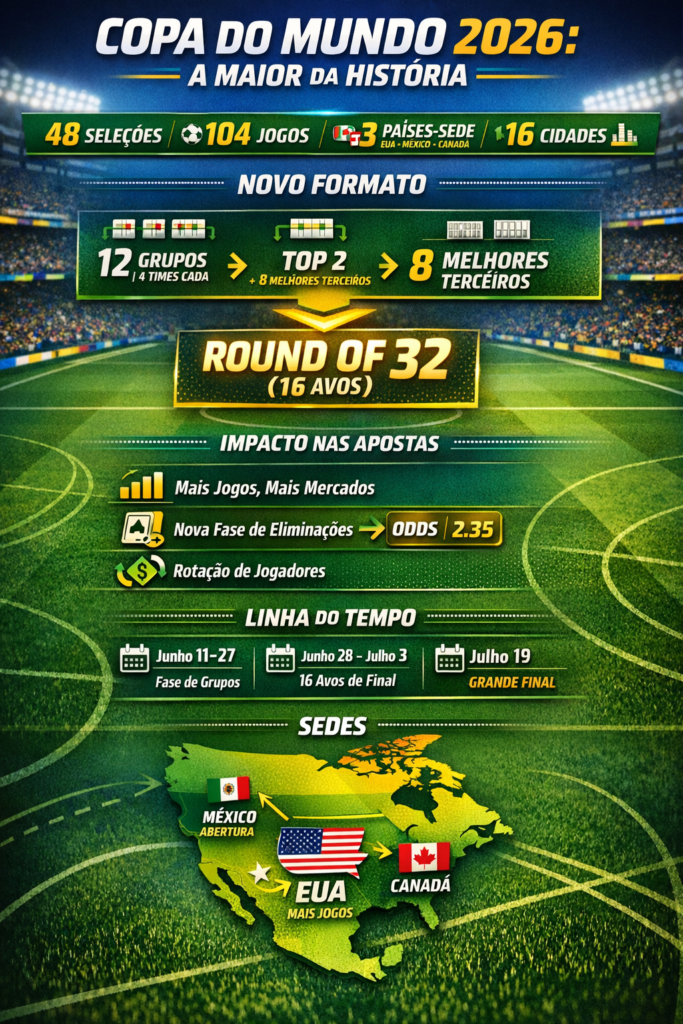 infográfico com guia de funcionamento e mudanças da Copa do Mundo 2026