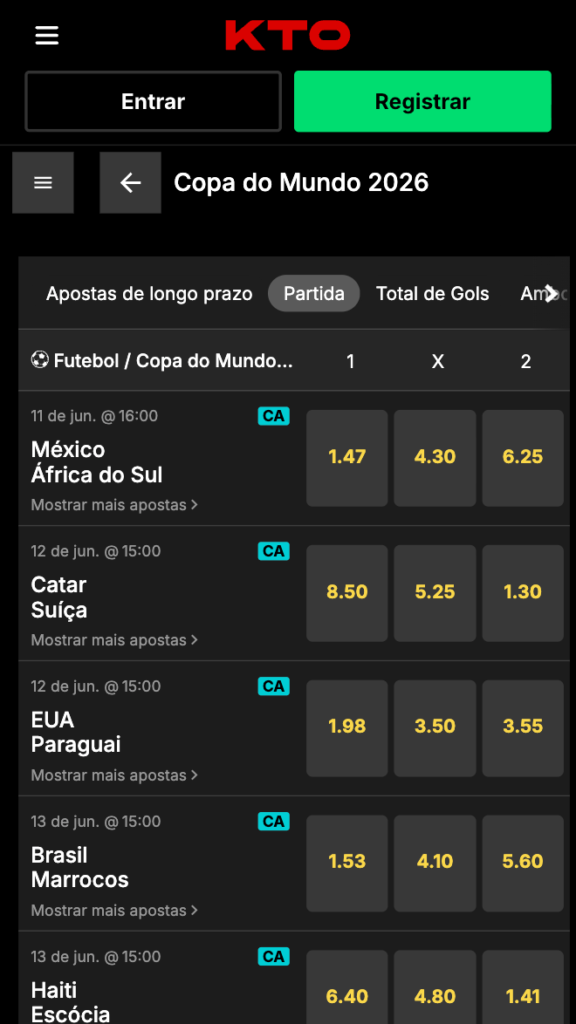 captura de tela das apostas na Copa do Mundo na KTO