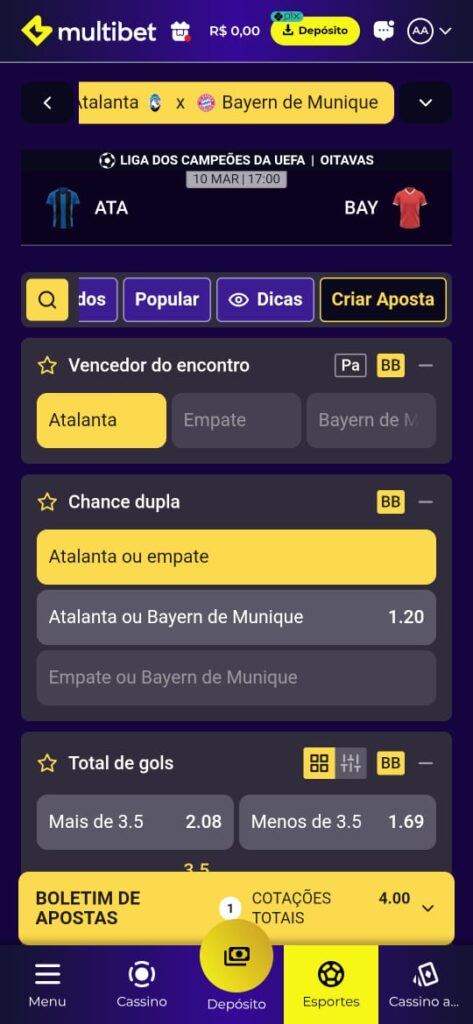 captura de tela da ferramenta criar aposta dentro do app da Multibet