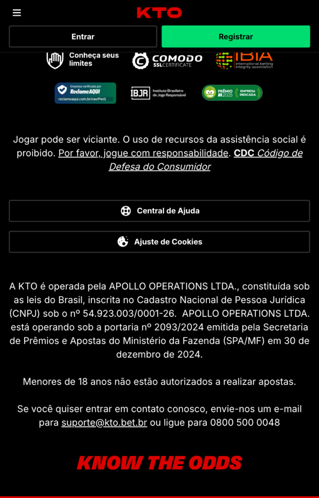 captura de tela com dados da empresa KTO